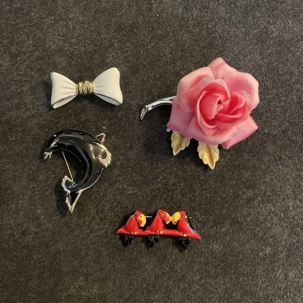 Lot of 4 Vintage‎ Fun Brooches Pins Flower, Bow, Dolphin, Birds